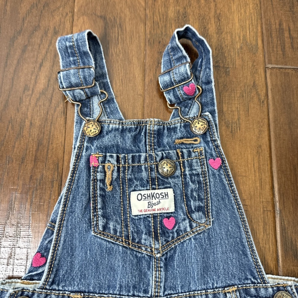 OshKosh B'gosh Vestbak Denim Jean Overalls Toddler Girls 2T Pink Hearts Western - Picture 2 of 8